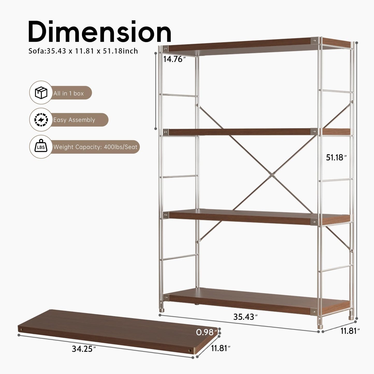 Achene 4-Tier Industrial Bookshelf, Storage Bookcase for Living Room, Bedroom, Office, Study Room,and Kitchen, 35.43"x11.81"x51.18" Inches(Dark Walnut, 4T36IN)