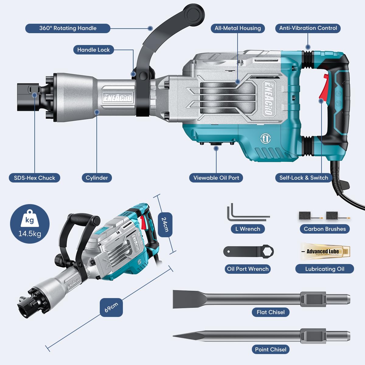 ENEACRO Demolition Jack Hammer 14.5Amp SDS-Hex Concrete Breaker, 65 Joules Heavy Duty Chipping Hammer Cement/Pavement/Floor Breaker, with 2pcs of chisels and Carry box with Rollers