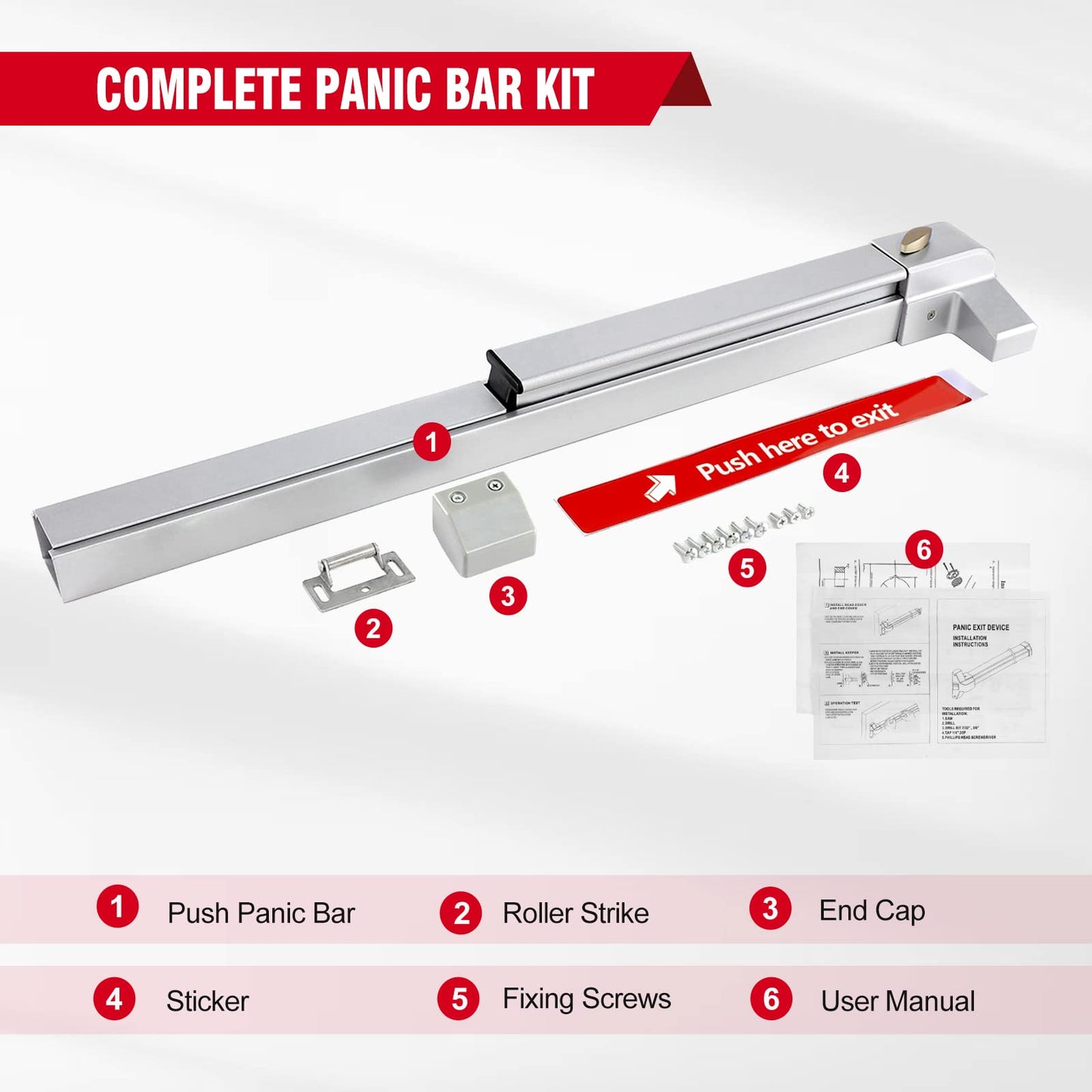 PARTOL Panic Bars for Commercial Exit Doors - Silver Stainless Steel Panic Bar Lock Set Emergency Door Hardware fits 27.56-40.94 Inch Wood & Metal Doors