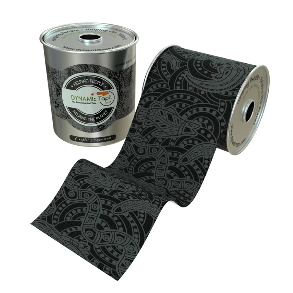Dynamic Tape Eco - Elastic Athletic Tape Made from Recycled Materials | 4Way Biomechanical Stretch & Stronger Recoil Than Kinesiology Tape | for Sports, Muscle & Joint Load MGMT | 3” (Grey/Black)