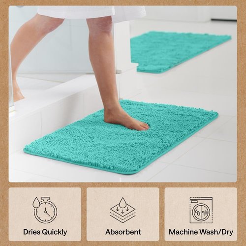 GORILLA GRIP Bath Rug Mat - Soft Absorbent Chenille with Quick Dry Microfiber | 44x26 Turquoise Bathroom Decor