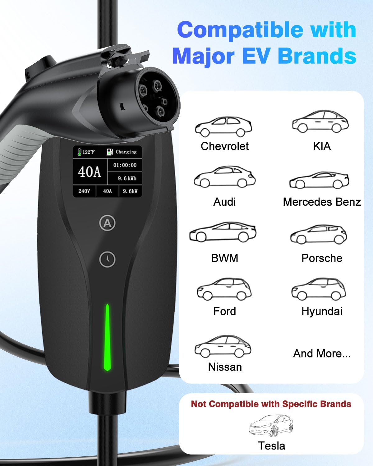 SEGUMA Level 2 EV Charger, 40Amp Electric Car Chargers 25FT Cable with NEMA 14-50 Plug, Adjustable Current, Timing Delay Electric Vehicle Chargers for J1772 BEVs/PHEVs 240V 9.6kW