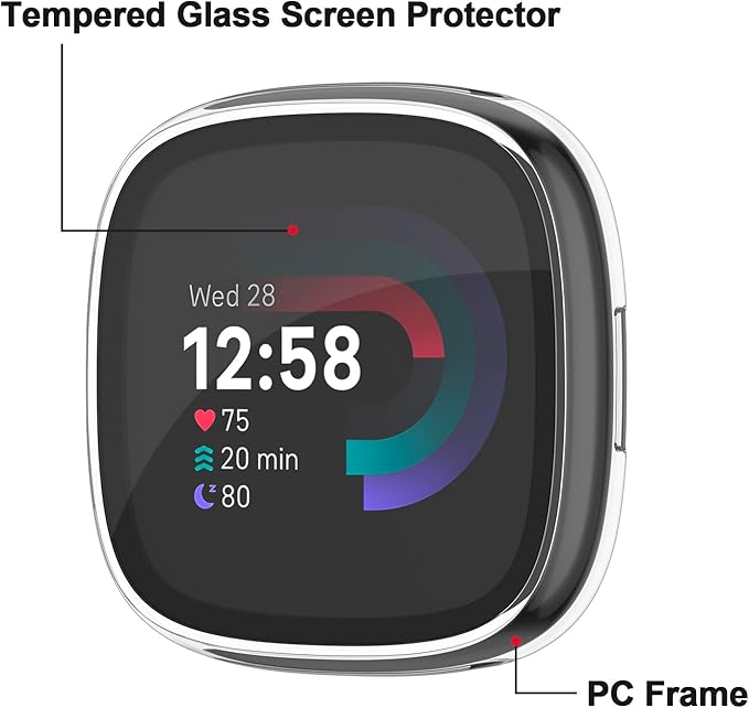 Vancle Case for Fitbit Versa 4 / Fitbit Sense 2, 4-Pack Screen Protector Tempered Glass Full Around Hard PC Case with Sensitive Touch Film Protective for Fitbit Sense 2 / Versa 4(Transparent*4)