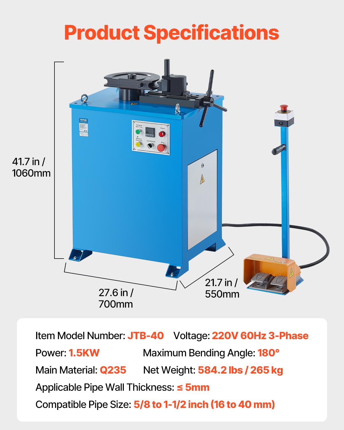 VEVOR Electric Tube Bending Machine, 1.5 KW Electric Tube Bender for 5/8 to 1-1/2 inch Pipes, Pipe Bender Machine with 5 Set Dies, Manual & Auto Modes and 180° Max Bending Angle (220V 60Hz 3-Phase)