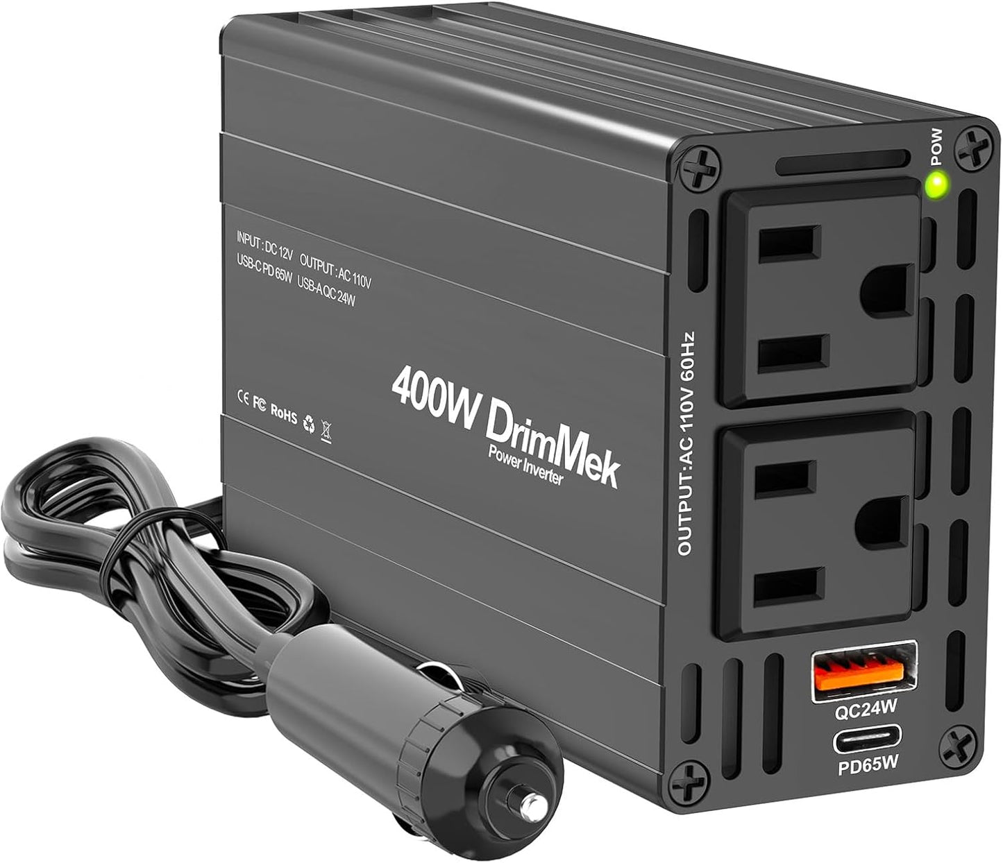 DrimMek 400W 12V 110V 65W 24W Car Power Inverter - Dual DC to AC Car Plug Adapter Outlets, Fast Charging USB C & Port