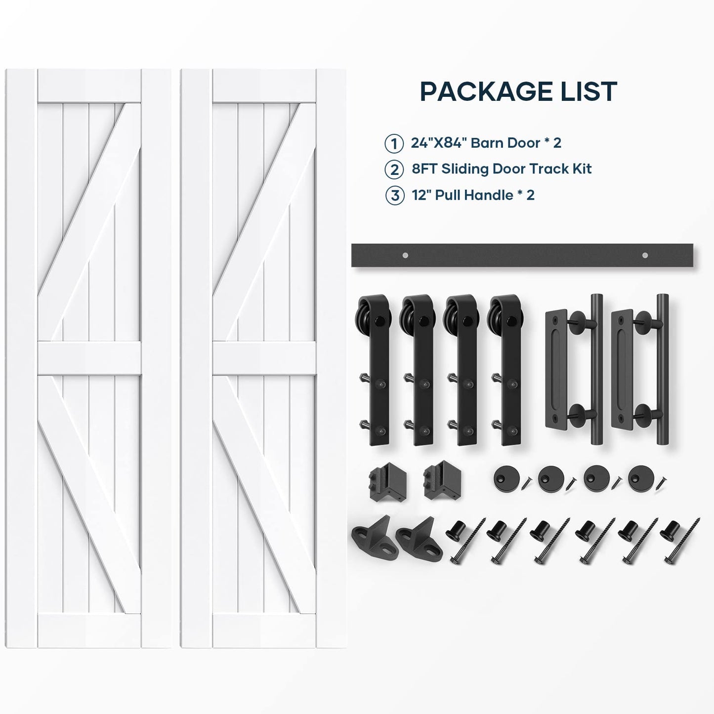 EaseLife 48in x 84in (Double 24in×84in Door) Barn Door with 8FT Sliding Door Hardware & Handle Included,DIY Assemblely,Easy Install,Water-Proof,Apply to Interior Exterior Rooms,K-Frame,White
