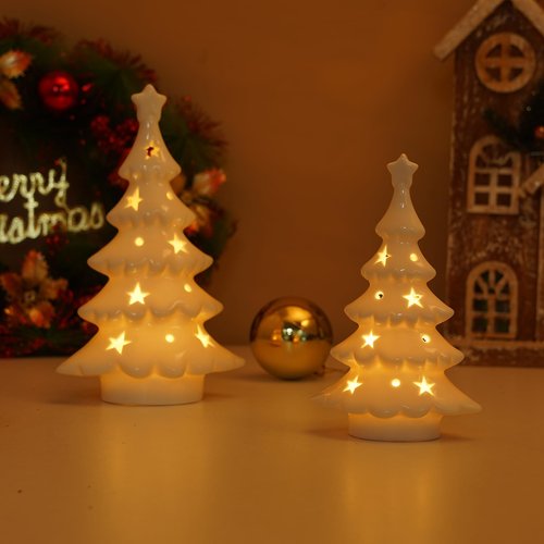 Luxstyra 2 Pcs Light Up White Ceramic Christmas Trees, Table Top Christmas Tree with Lights, Porcelain Tree Figurine with Timer, Small Ceramic Christmas Trees Set, White Christmas Decor for Tabletop