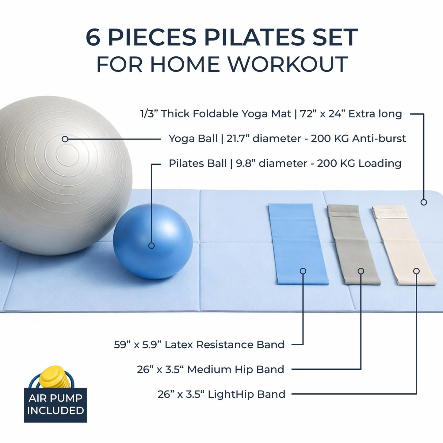 Pilavelle Foldable PILATES MAT with 3 Resistance Bands Set, Pilates Ball & Yoga Ball — 6-Piece Pilates Kit, Extra Thick Workout Mat, Air Pump Included. At Home Workout Equipment for Women and Men