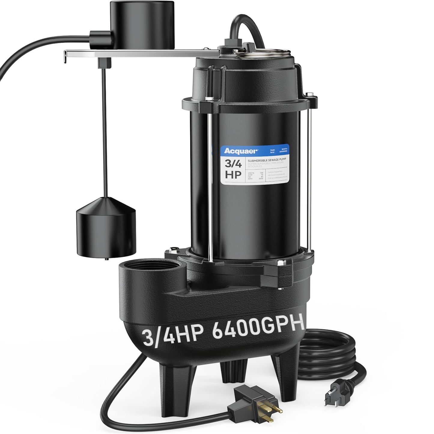Acquaer 3/4HP Sewage Pump Submersible, 6400 GPH Cast Iron with Automatic Integrated Vertical Float Switch and Piggyback Plug, 2'' NPT Discharge Basements Pump for Wastewater, Sewer