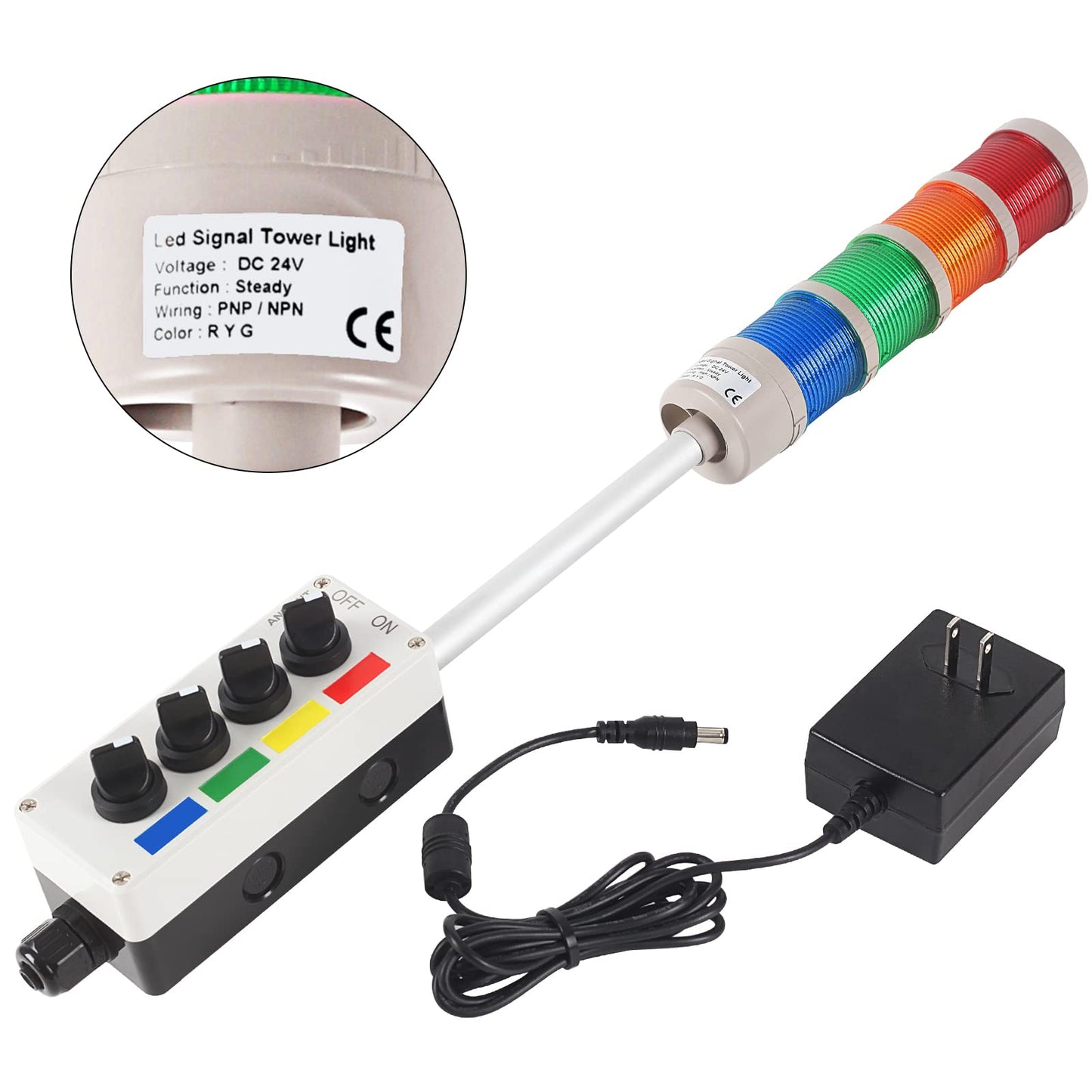 ANDONT 4-Stack LED Andon Tower Signal Light, Red/Yellow/Green/Blue, On/Off, ABB Selector Switch, Mean Well Industrial Power Adapter 6 ft, IP65 Rated, Plug-and-Play