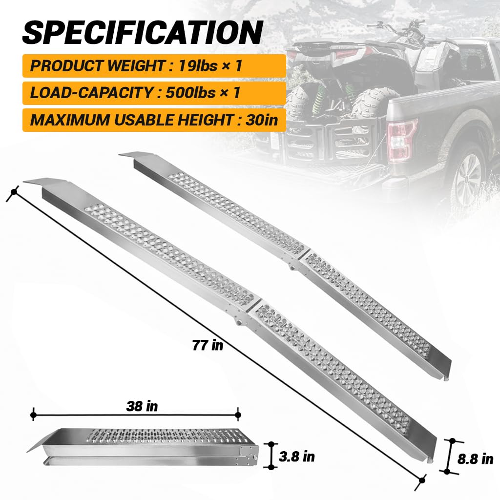 ELECHOI Portabe Folding Steel Ramps, 1000 lbs,77" 2-Pcs Heavy-Duty Ramps with Wider Ramp Surface, Anti-Slip Stable Loading Ramp, Fit for Motorcycle, Dirt Bike, ATV, UTV, Lawn Mower, Electric Bicycle