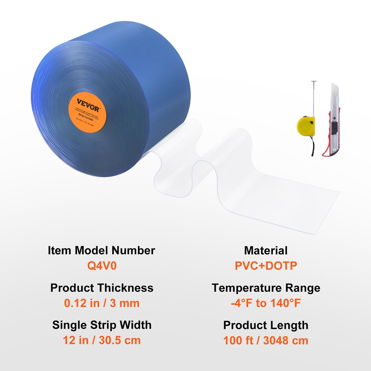 VEVOR Strip Curtain, 100' Length x 12" Width x 0.12" Thickness, Clear PVC Smooth Curtain Strip Door Bulk Roll, Plastic Door Strips for Doorway of Supermarket, Garage, Warehouse, Barn, Pet Animal House