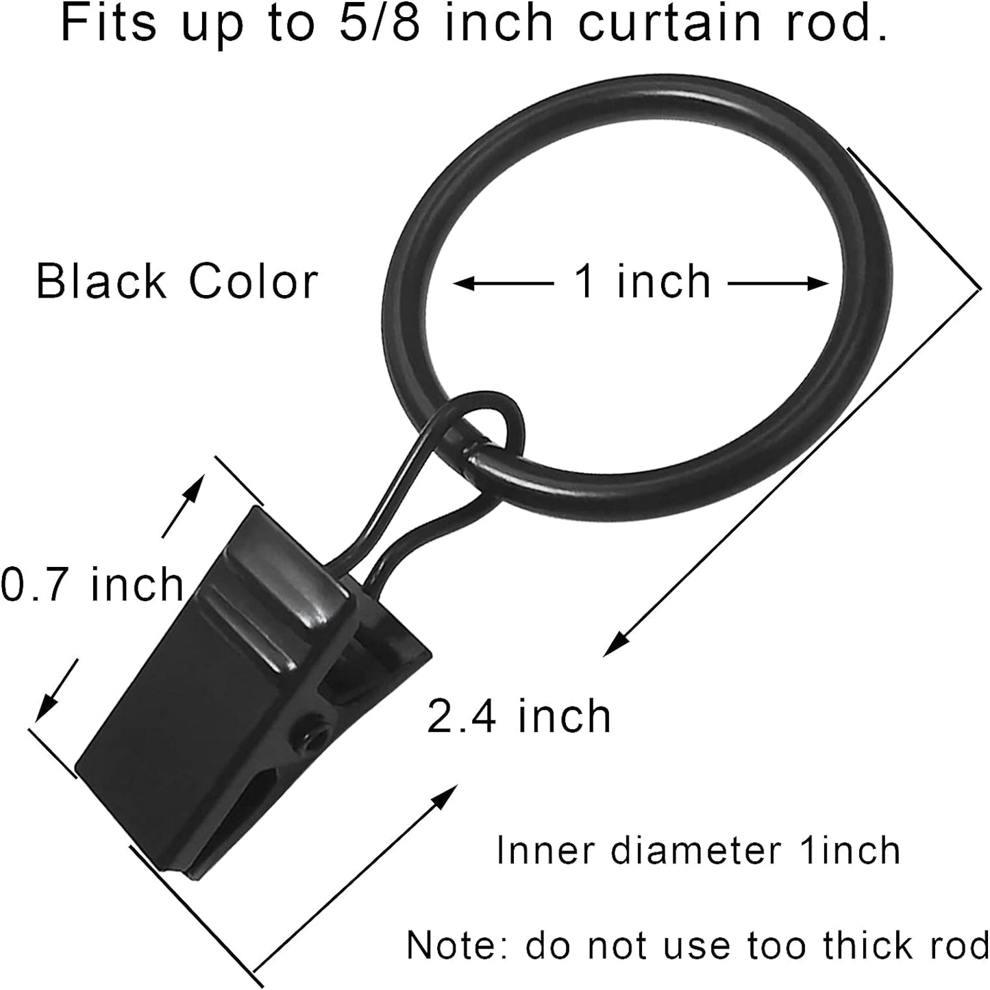 Skiennix 44 Pack Metal Curtain Rings - Durable Drapery Clips with 1-Inch Inner Diameter, Black