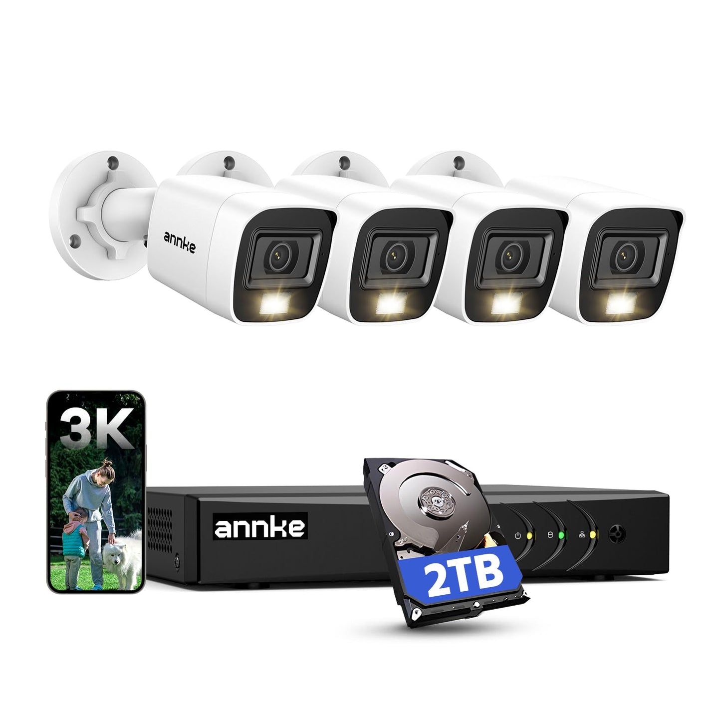 ANNKE 8CH 3K Security Camera System with Audio/Mic, 8 Channel Surveillance AI DVR and 4X 5MP 2960 * 1665 CCTV Cams with Dual Light, Human/Vehicle Detection, IP67, Color Night Vision, 2TB Hard Drive