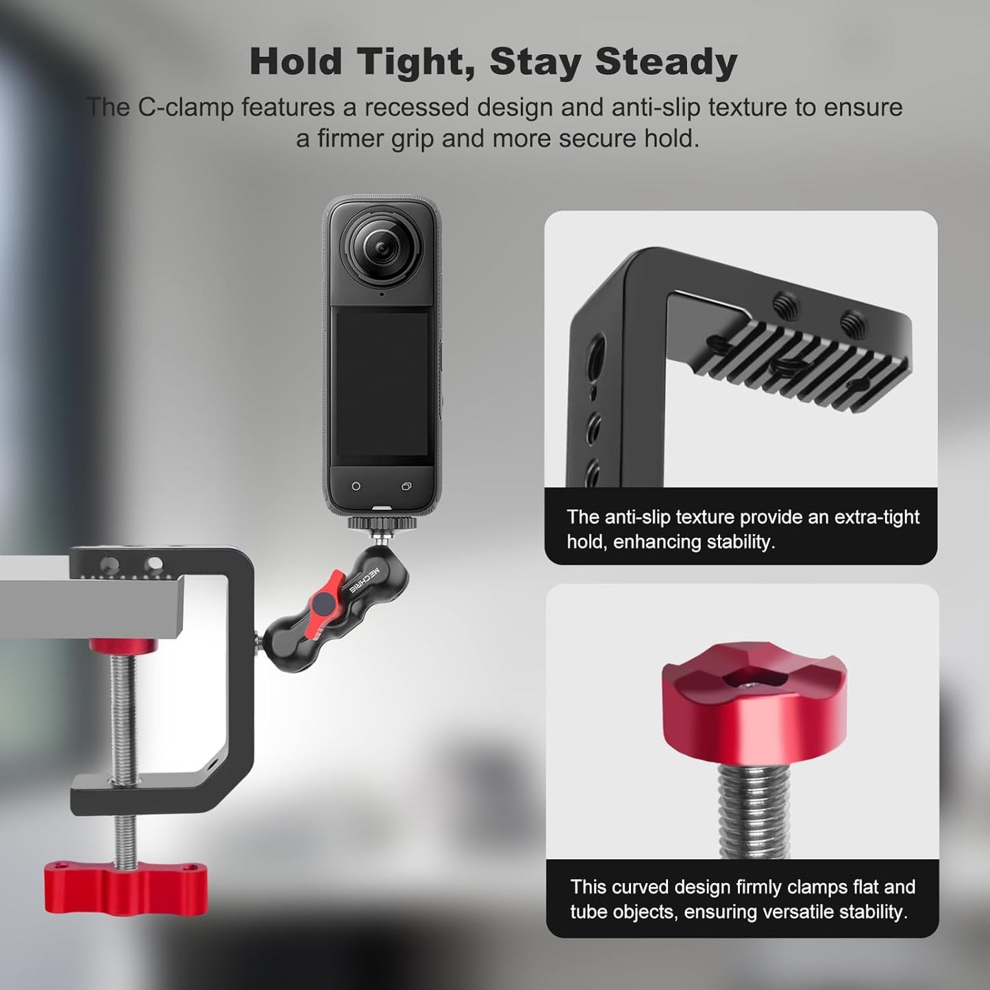 1/4" 3/8" 2.36" (62021) C Clamp Desk Camera Mount, Aluminum Table C-clamp with Thread, Desktop DSLR Mount for Photo