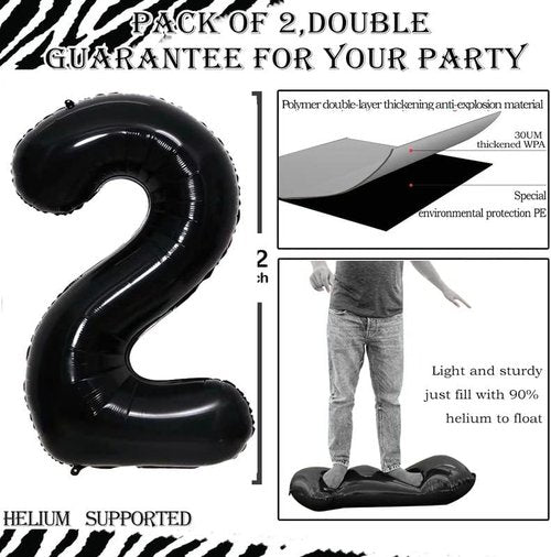 GOER Black Foil Number 2 Balloons - Giant Birthday Party Decorations | 3 Pack (42", 32", 16")