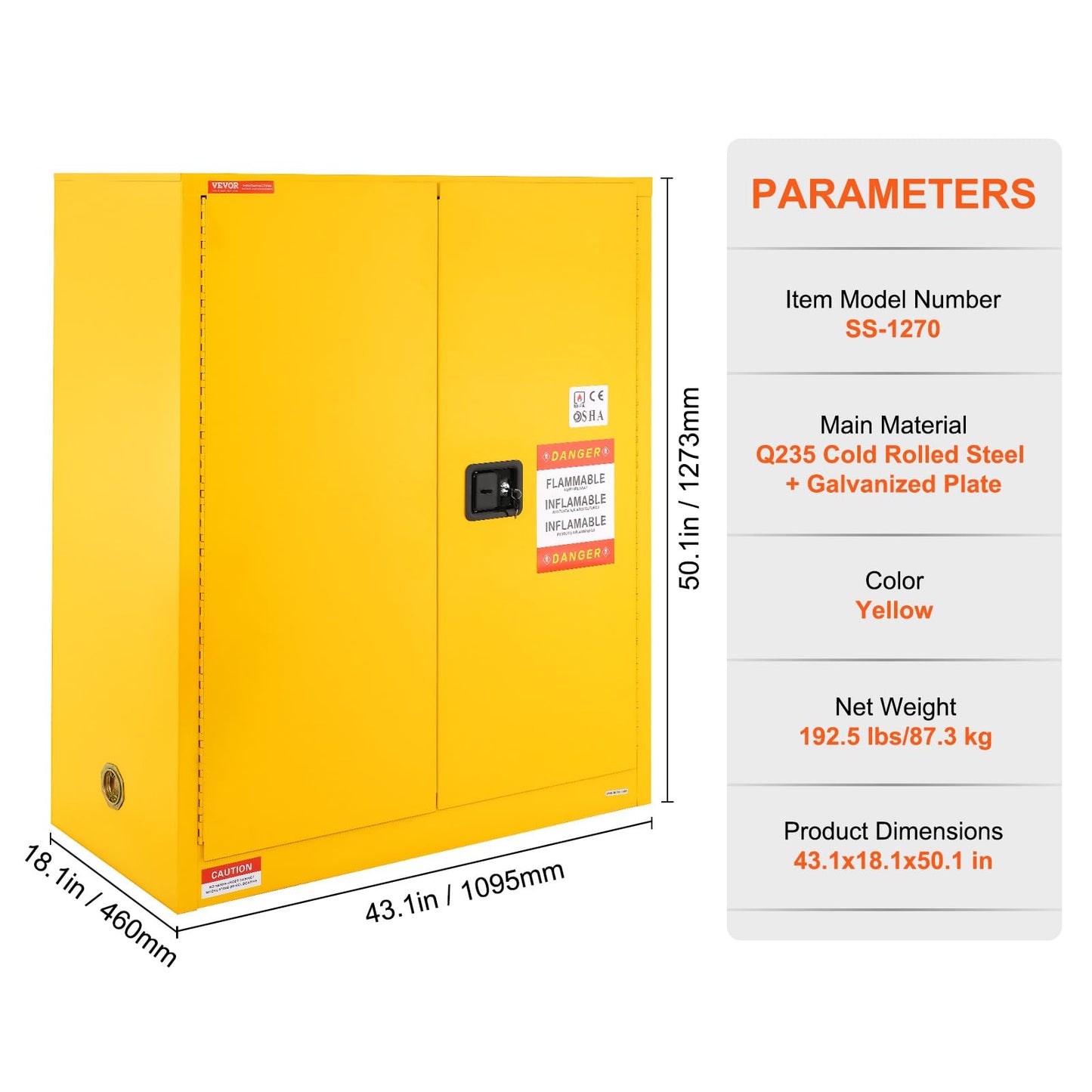 VEVOR Flammable Cabinet 18" x 43" x 50", Cold-Rolled Steel Flammable Liquid Storage Cabinet 34 Gal with 2 Adjustable Shelves/2 Manual Closing Doors for Industrial Use, Yellow