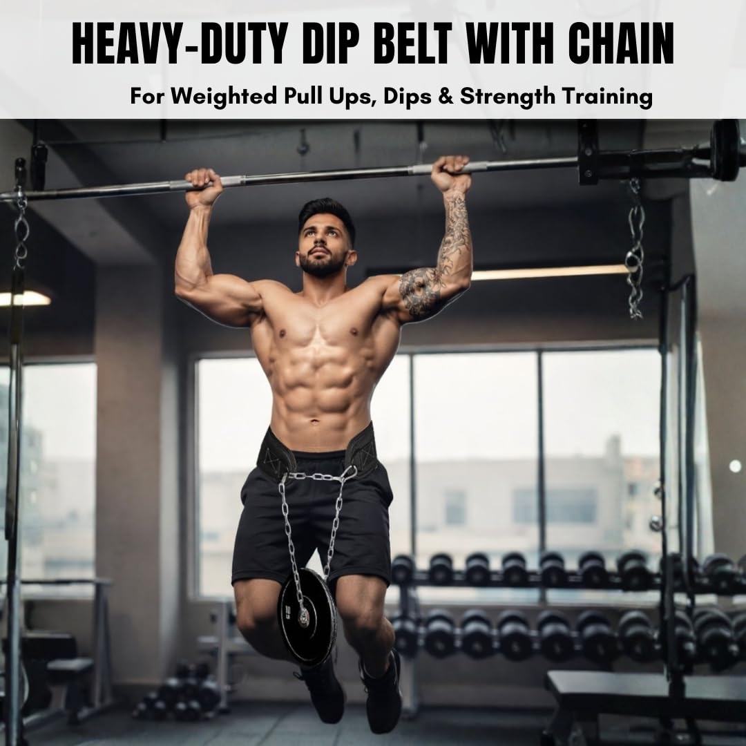 YAGHZU Dip Belt with Chain – Weighted Pull Up Belt, Dip Weight Belt, Weightlifting Belt for Pullups, Squats, and Dips, Belt Squat Attachment Ideal Weight Belt for Pullups, Weightlifting, and Gym Workouts (Black)
