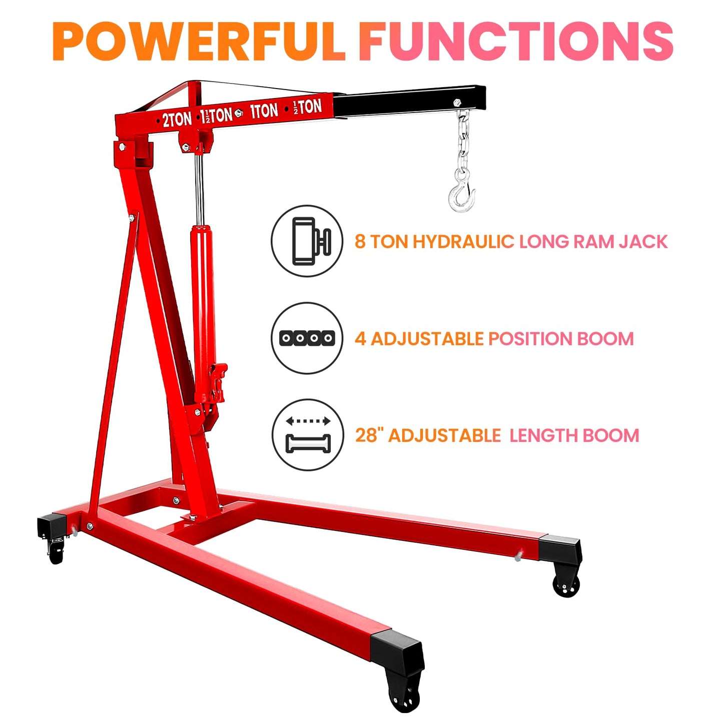 BLUEIAN 5000 LBS Engine Hoist, Heavy Duty Alloy Steel Hydraulic Cherry Picker Engine Hoist with 8 Ton Hydraulic Ram Jack 4 Steel Casters, Ease of Assembly Engine Lift for Workshop Warehouse Garage