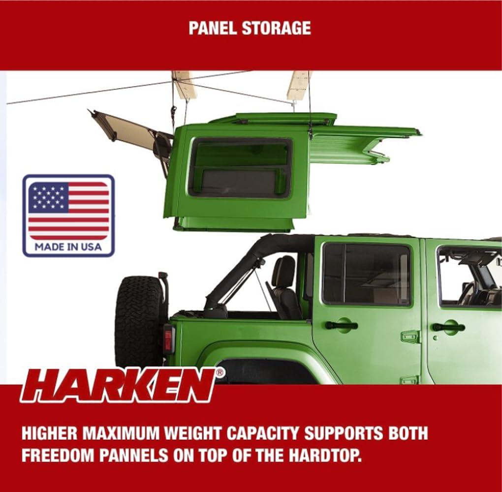 HARKEN - Jeep Hardtop Overhead Garage Storage Hoist for Jeep Wrangler, Gladiator, Ford Bronco, Self-Leveling, Safe Anti-Drop System, Easy One-Person Operation, 45-145lb Capacity - 7803.16JEEP6T