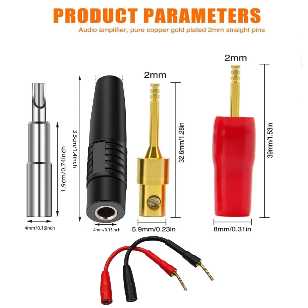 Sam&Johnny 4-Pack 2mm 4mm Banana Plug Adapter - Gold Plated Speaker Wire Connectors to for Amplifier Home Theater Audio