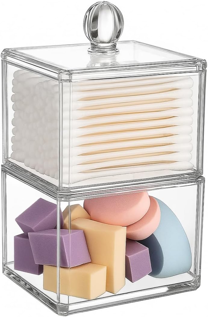 Skiennix Stackable Square Acrylic Cotton Ball Holder - Stylish Q-Tip Dispenser for Bathroom | Single Pack