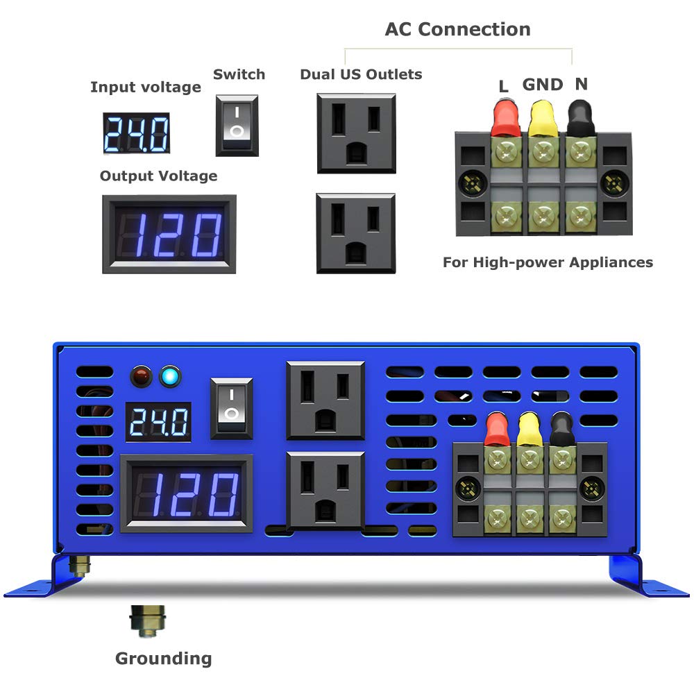2000 Watt Pure Sine Wave Inverter 24V DC to 110v 120V AC, 2000W Car Power Invert Surge 4000W Power Converter for Solar System. (2000W 24V 120V) Blue