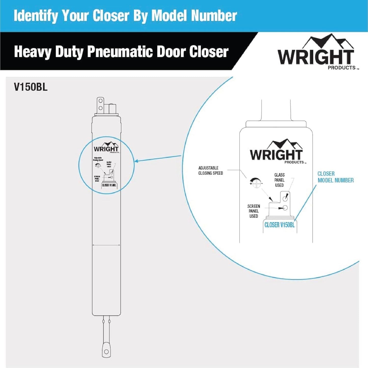 Wright Products Heavy-Duty Pneumatic Storm Door Closer – Durable, Adjustable, Quiet-Closing with Hold-Open Feature (Transitional, Black)
