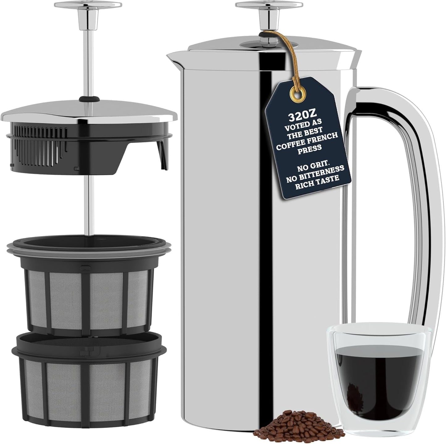 ESPRO Pro P7 French Press Stainless Steel 304 - Patented Double Micro-Filter for Grit-Free Coffee, Double Wall Insulated Coffee Maker, Plastic-Free & Heat Resistant - Polished 32oz