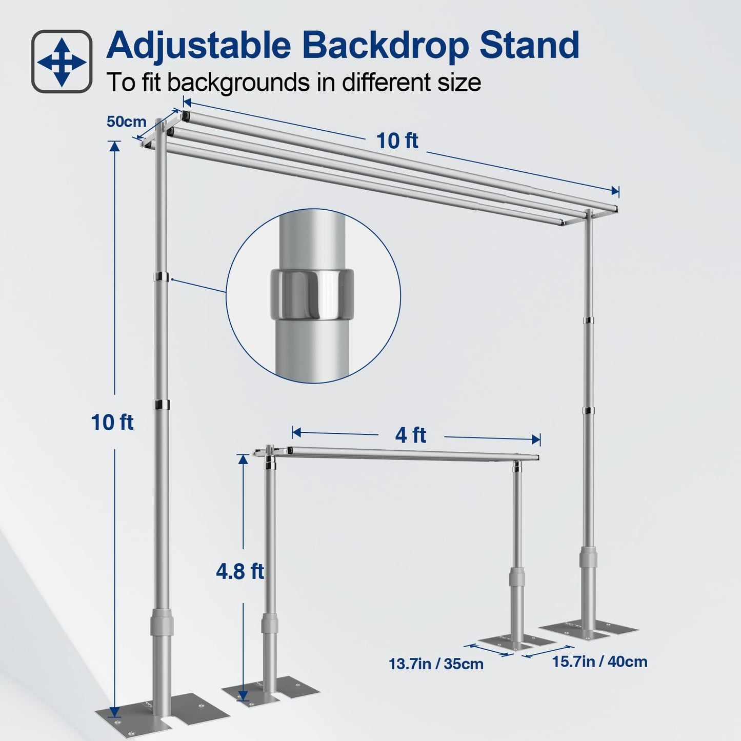 EMART Backdrop Stand Heavy Duty 10x10Ft,Three Crossbar Pipe and Drape Photo Background Support Kit, Adjustable Metal Frame with Flat Base for Wedding Birthday Party Decorations