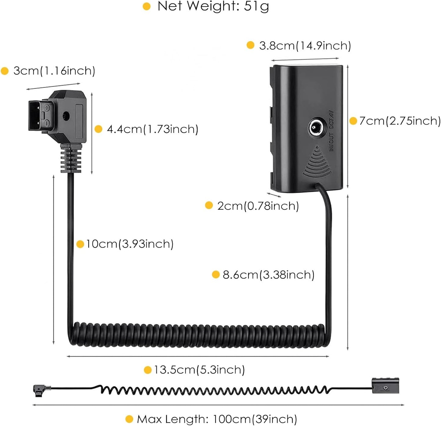 ZALUNERO NP-F970 Dummy NP-F550/770/570 D-Tap to Battery Coiled Power Cable Compatible with Sony Power Panel Light