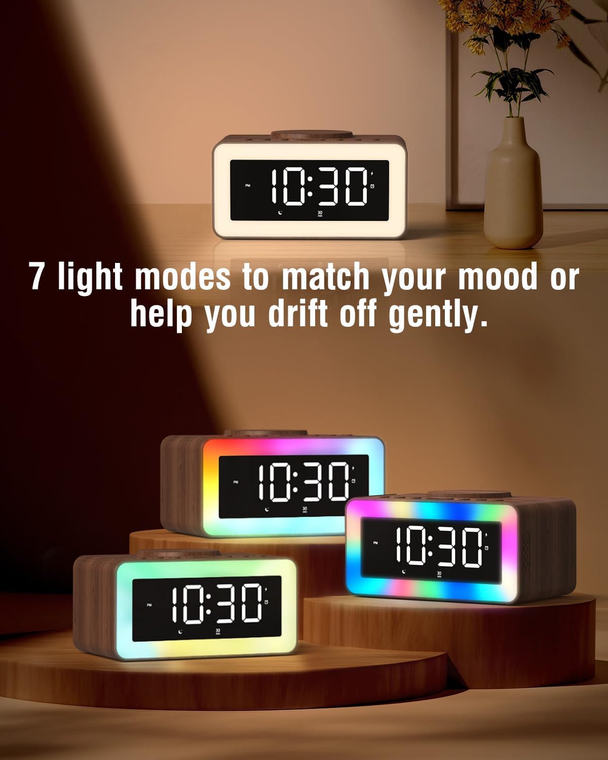 Alarm Clock with Wireless Charging, Bluetooth Speaker, White/Brown Noise Sound Machine Night Light, Wooden Digital