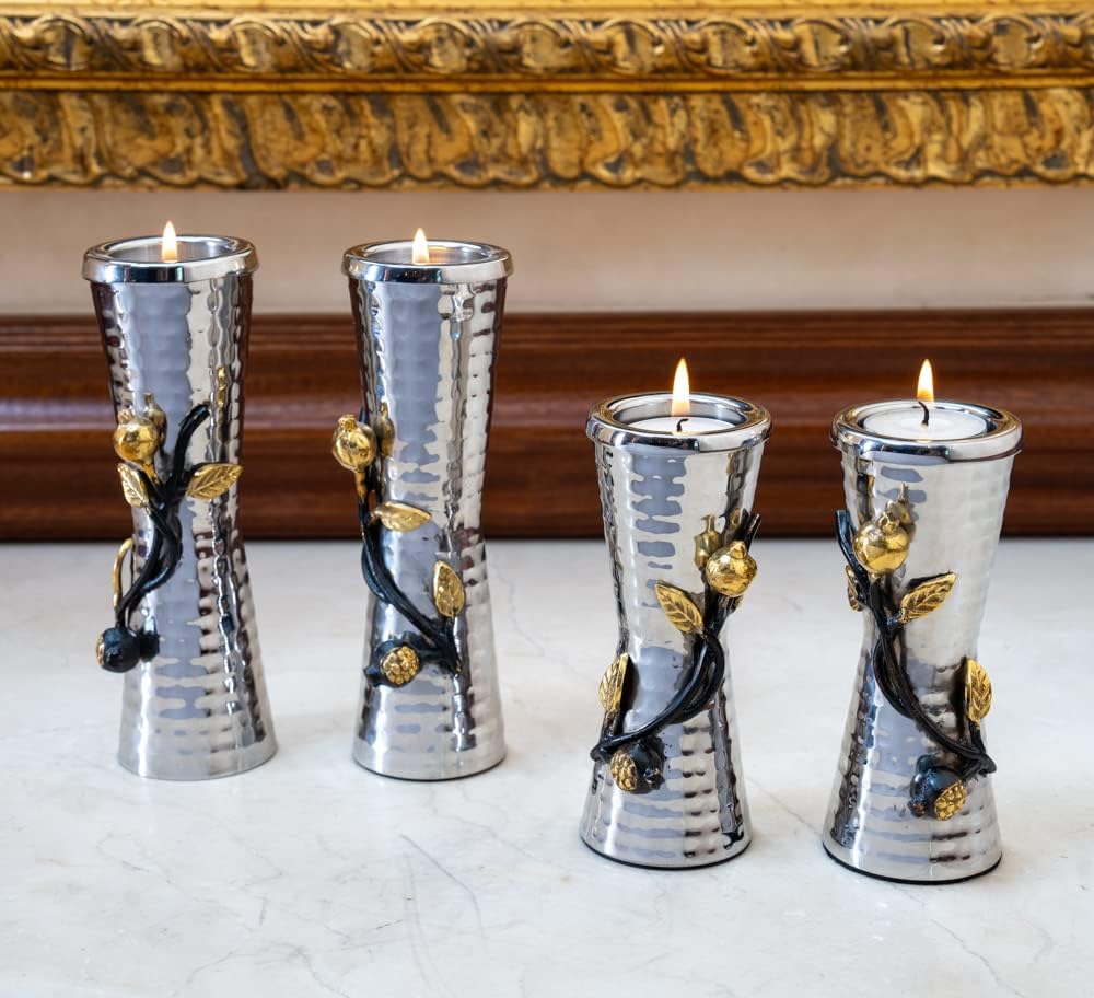 Yair Emanuel Shabbat Candle Holders for 1.5 Tea-Light Candles - Pomegranate Branch Accent Decor - Jewish Judaica Gift (5 Inch CSW-1)