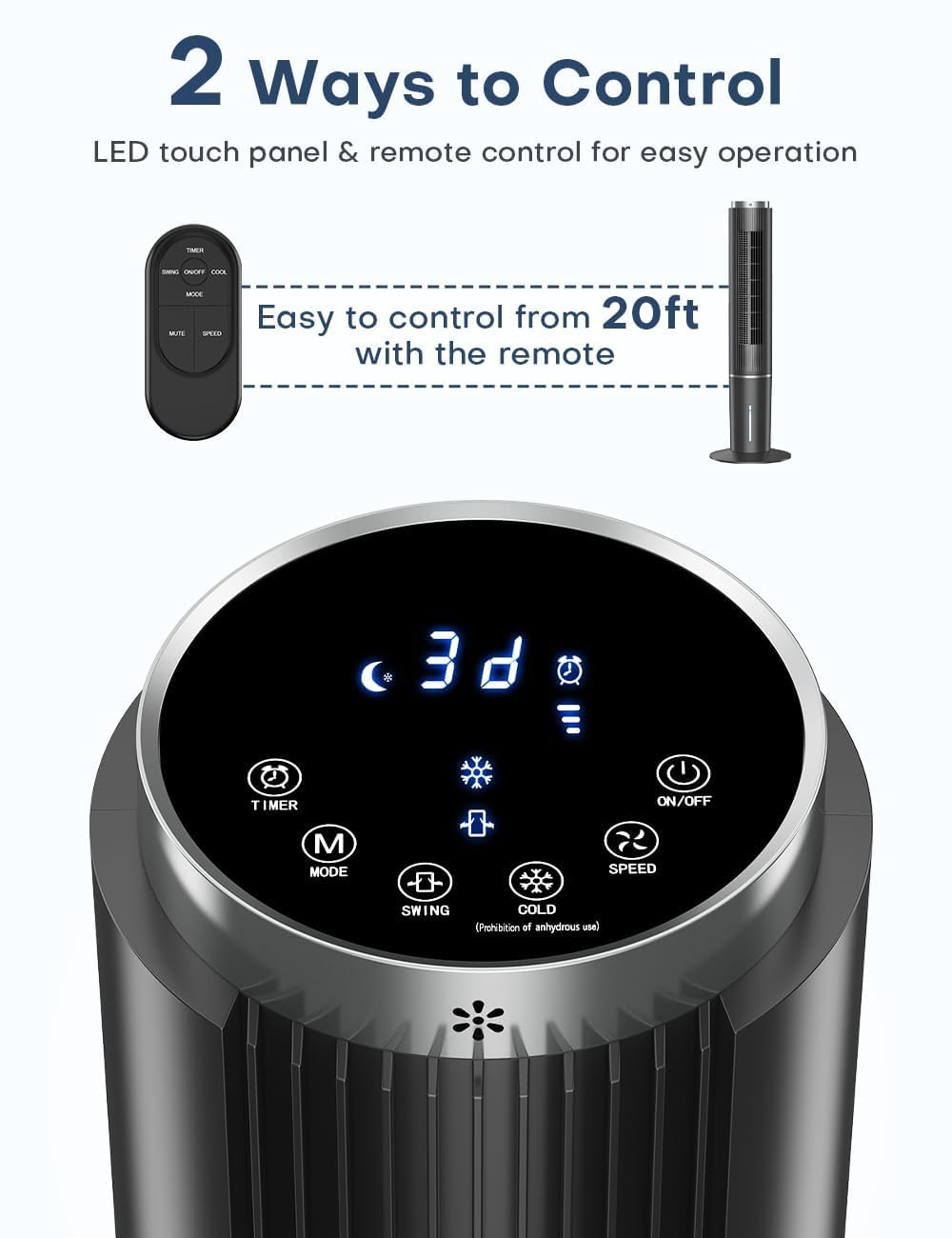 COOLECH 42 INCH Windowless Portable Air Conditioners w/4 Modes & 3 Speeds, 1-Gal Tank for 15H Cooling, 12H Timer, Swamp Cooler Air Conditioner No Window Needed, 90° Oscillating AC Unit for Bedroom