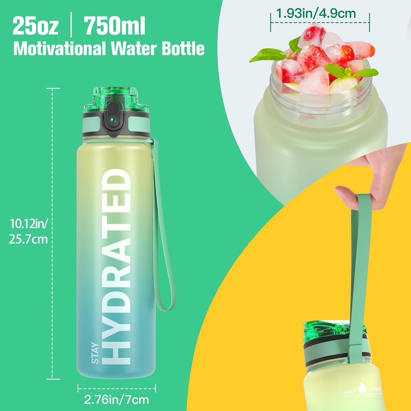 Sahara Sailor Water Bottle, 32/25/17oz Durable and Leakproof Water Bottles Motivational with Time Marker, Tritan, BPA Free, Wide Mouth with Easy Clean Brush for Gym, Travel, School, Office (1 Bottle)