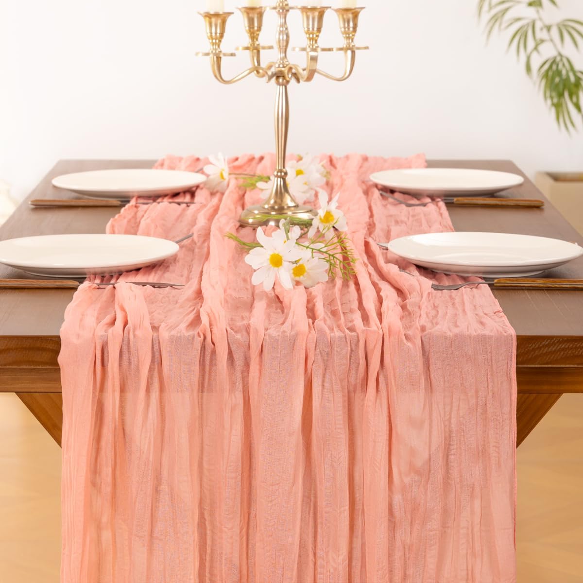 Socomi Cheesecloth Table Runner - Coral Peach Boho Style | 120-Inch for Weddings & Home Decor