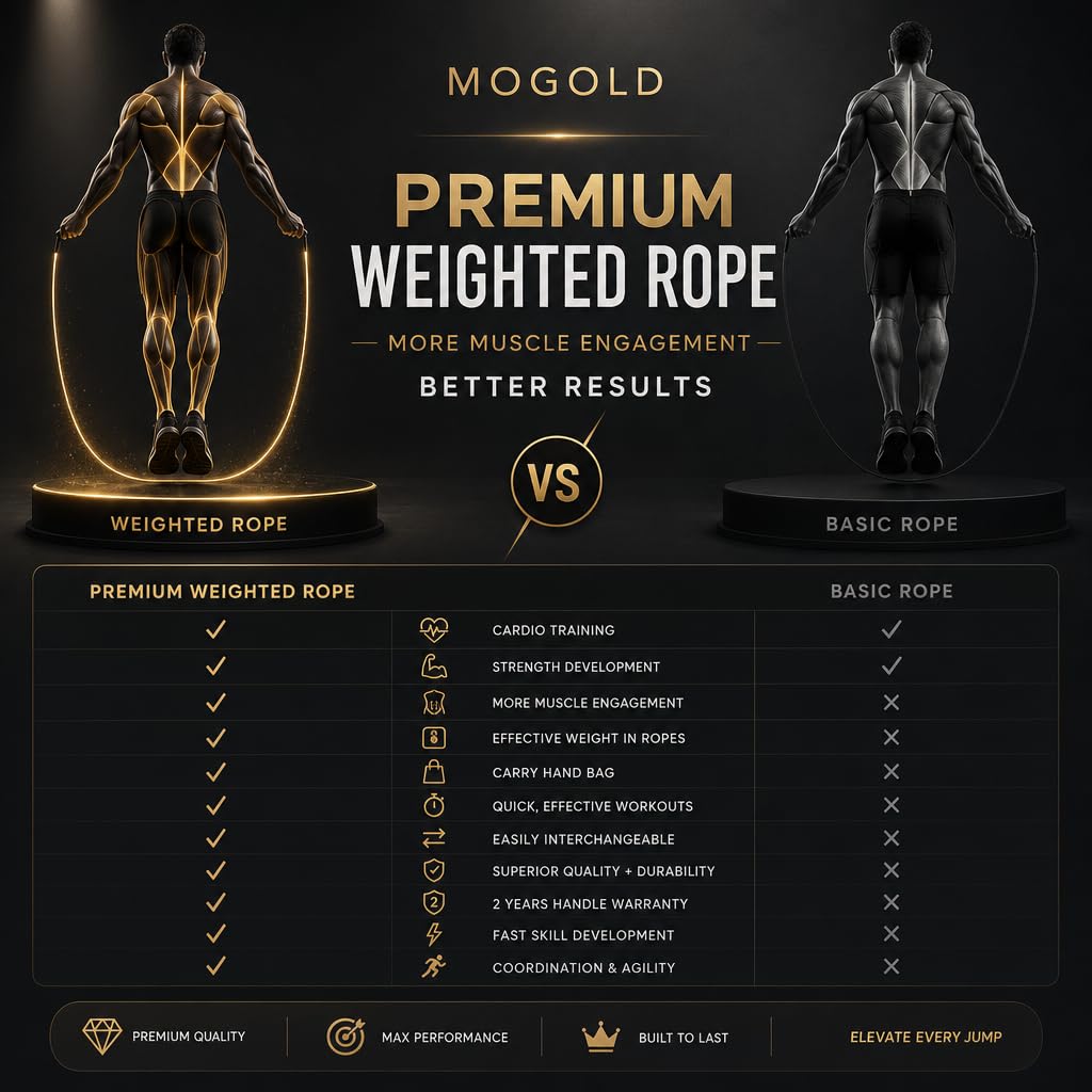 Mogold Weighted Jump Rope for High-Intensity Training, Muay Thai & MMA Workouts Heavy Jumping Ropes for Fitness Carbon Fiber Handle Adjustable Length 3 Meters 1/5 +1/4lb+1/2lb PVC Steel Wire Rope