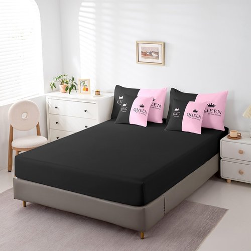 Feelyou Crown Queen King Bed Set King Size, Pink Black 7 Piece Bedding Set Crown His Hers Bed in a Bag Kids Romantic Valentine's Day Bed in a Bag with Comforter, Sheets, Pillowcases & Cushion Cover