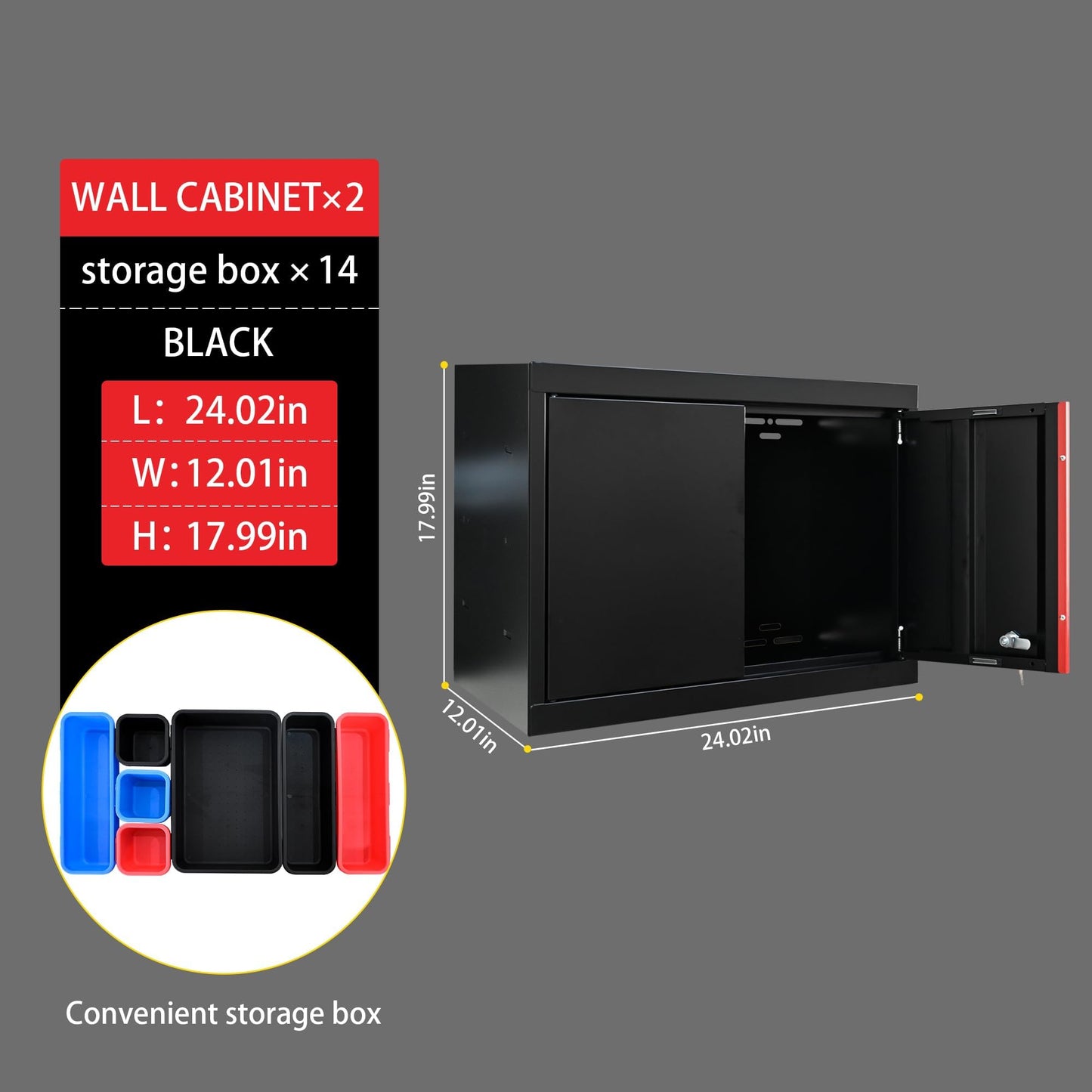 S.Walt Pre-Assembled Garage Storage Cabinet System, No Assembly Required, 6-Piece Workshop Cabinet Set in Black & Red with LED Lights, Wood Worktop, Key Locks, Adjustable Doors and Legs