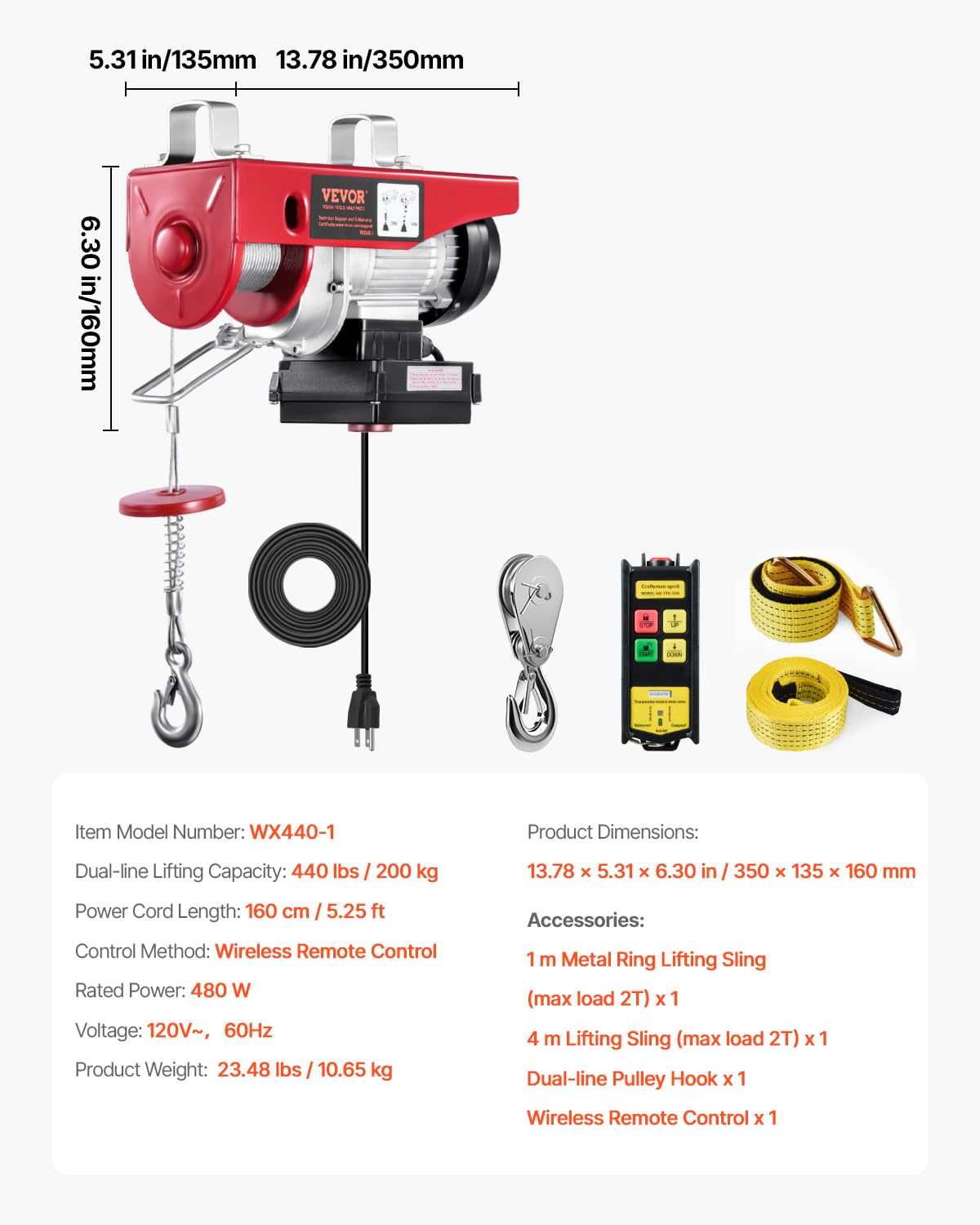 VEVOR Electric Hoist with Wireless Remote Control, 110v 440lbs Electric Hoist with Remote Control, 40ft/20ft Lifting Height Motor, for Garage Warehouse Factory