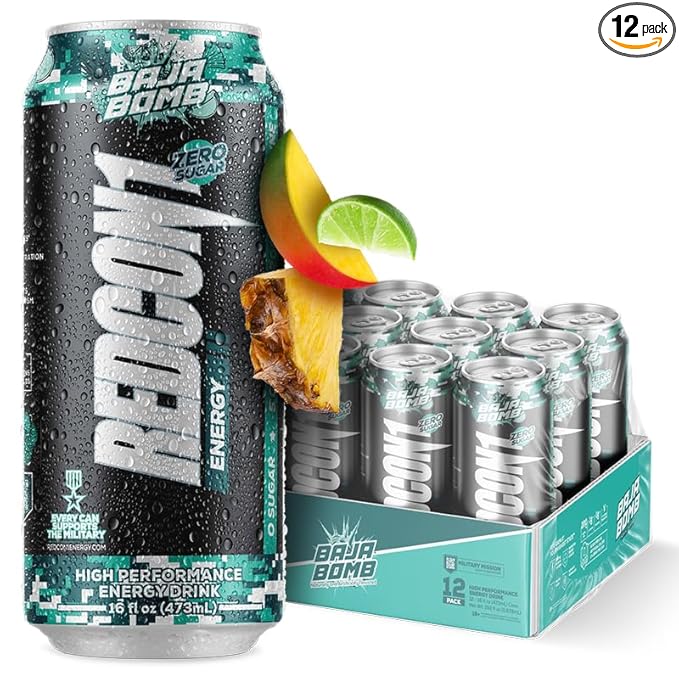 REDCON1 Energy High Performance Drink, Baja Bomb - Zero Sugar Energy Drink with Alpha GPC Nootropic - 200mg of Natural Caffeine from Green Coffee Beans - Vitamin B6, B12 & B5 to Boost Mood (12 ct)