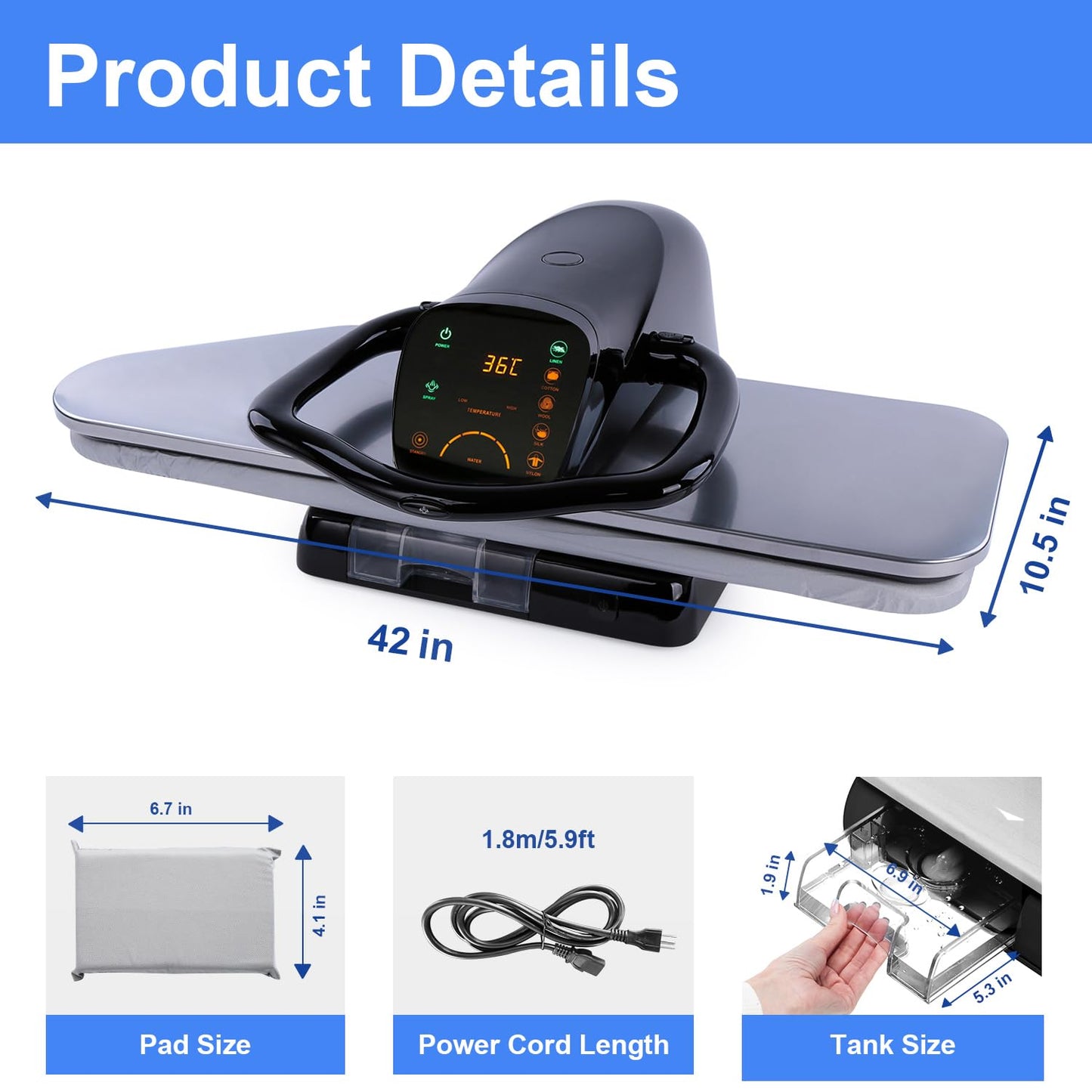 42" Large Steam Iron Press with LED Touch Screen, 1800W Steam Press with 5 Fabric Settings Language Conversion and Voice Prompts, Iron Press with Spray Bottle and Press Pad for Home Business