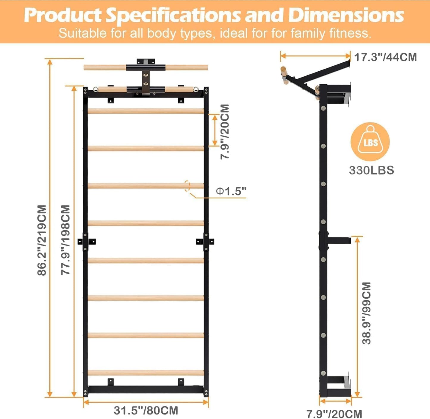 Gsskny Swedish Ladder, Wood Stall Bars Suspension Trainer with Pull-Up Bar & Rings for Straps, Swedish ladders Wall Gym Adult, Wall-Mounted Workout Ladder