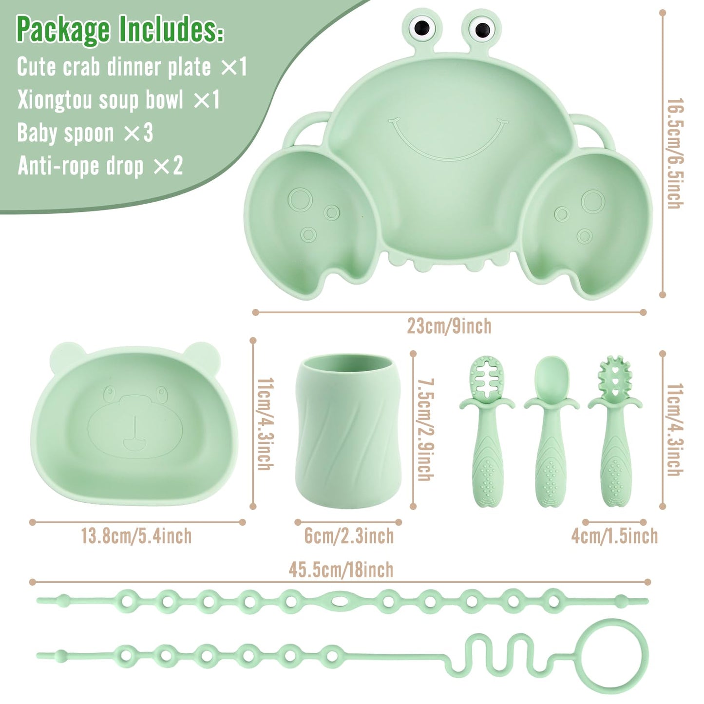 Silicone Baby Feeding Set, 8-Piece Baby Led Weaning Supplies Included Toddler Suction Plate, Bowl, Cup, 3 Spoons & 2 Safety Straps Keep Spoon, Fork & Bottle Off The Floor for Self-Feeding (Green)