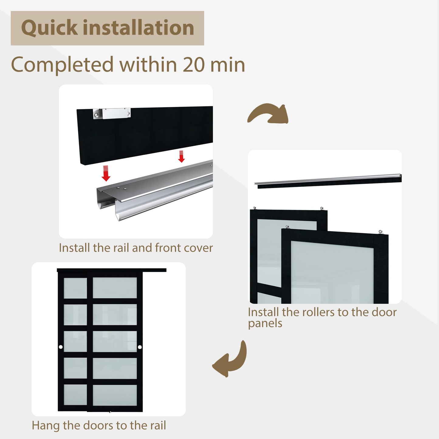 BARNSMITH 48x80 Sliding Closet Door, 5-Panels Preassembled Frosted Glass Door Panel with Hardware Kits & Matching Fascia, MDF Covered with Water-Proof & Anti-Scratch PVC Surface, Black
