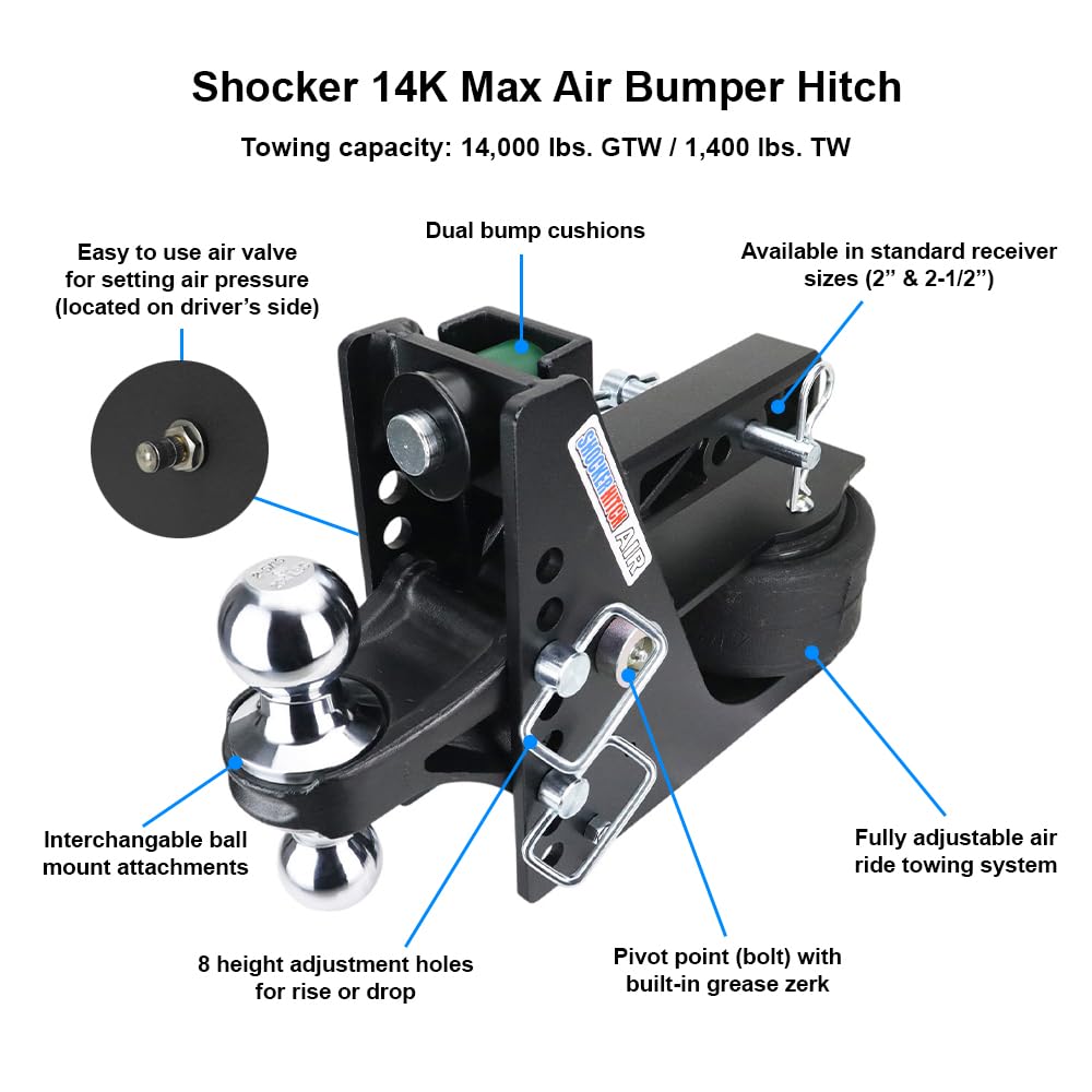 Shocker Max Black Air Ride Hitch with Black Combo 2" & 2-5/16" Balls, Fits 2" Hitch - 14,000 lbs