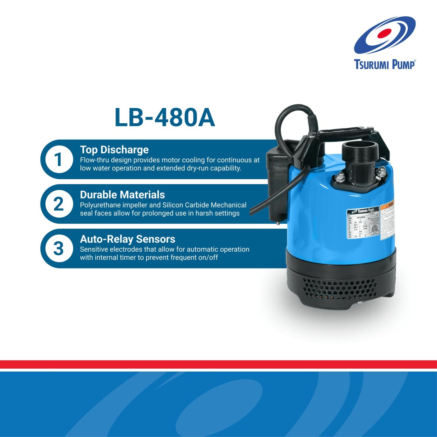 Tsurumi Pump LB-480A Submersible Dewatering Pump -Auto Relay Switch 2/3 HP 115V 2 in Discharge For construction dewatering applications where auto operation is needed | 63 GPM / 3780 GPH