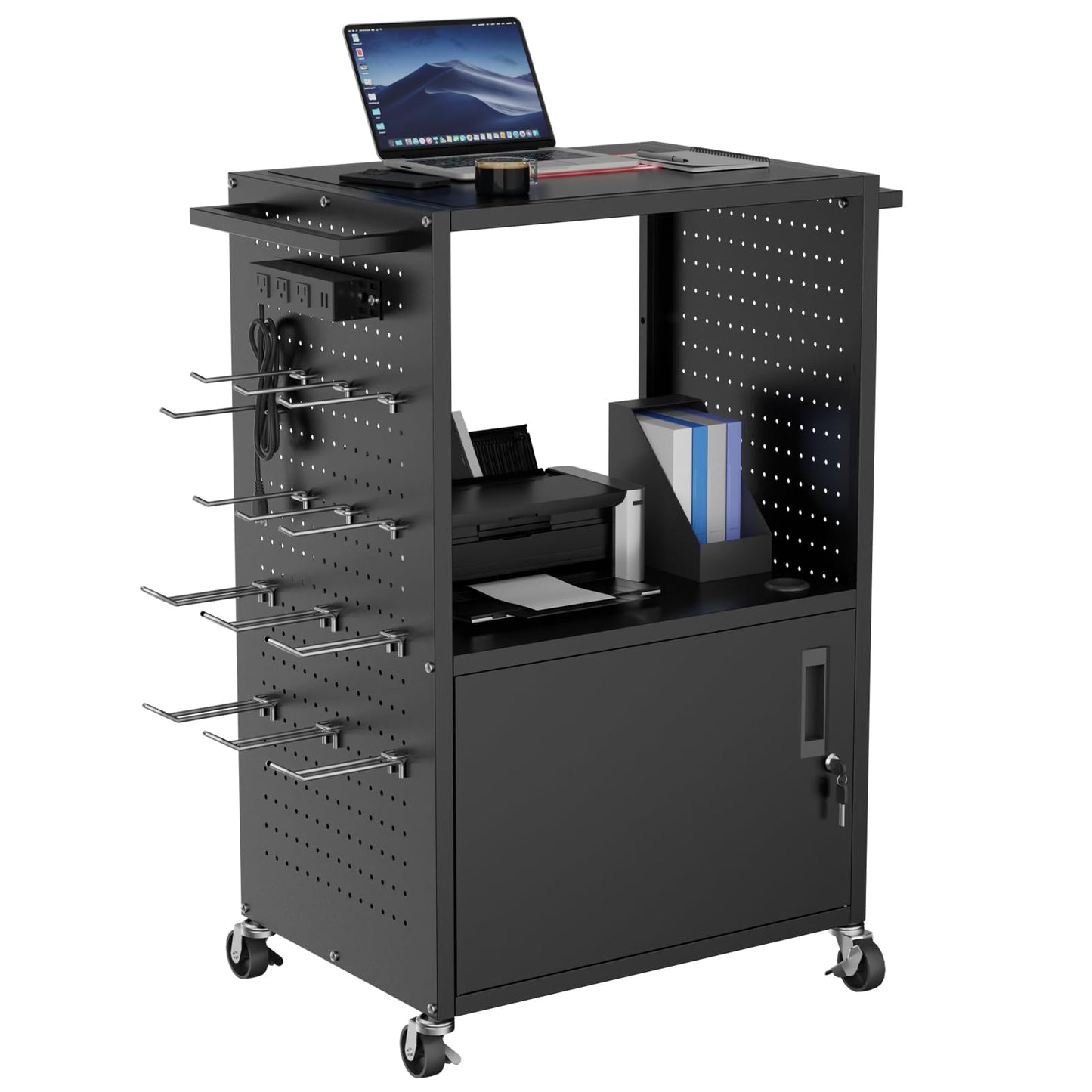 Mobile AV Cart, Heavy Duty Rolling Computer Cart with Push Handle & Hooks – Locking Cabinet, Pegboard, 4 Outlets, Lock Brake Casters – Media Utility Cart on Wheels for Office/Classroom