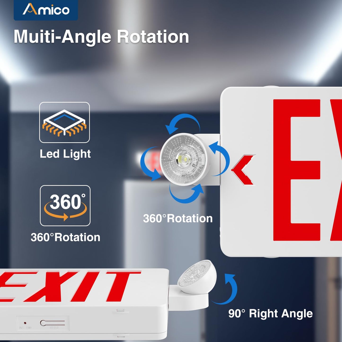 Amico 18 Pack Red Exit Signs with Emergency Lights, Commercial Grade 94V-0 Fire Resistant, Two LED Adjustable Heads, 90-Minute Battery Backup, ETL Certified 120/277V, Wall or Ceiling Mount