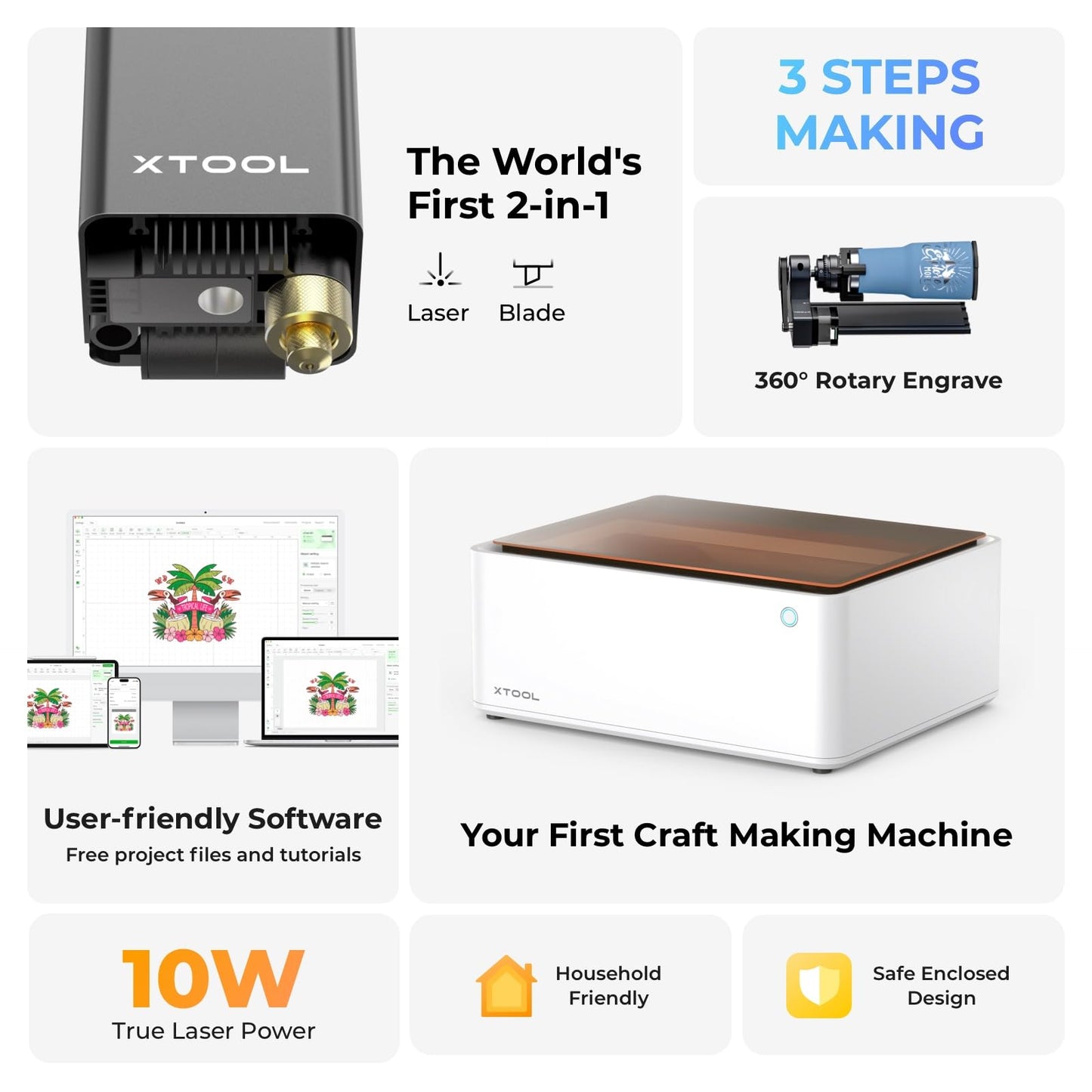 xTool M1 10W Laser Engraver with RA2, Class I Laser Engraver, 3-in-1 Laser Engraving Cutting, Blade Cutting, Supports Processing Glass, Cylindrical Objects